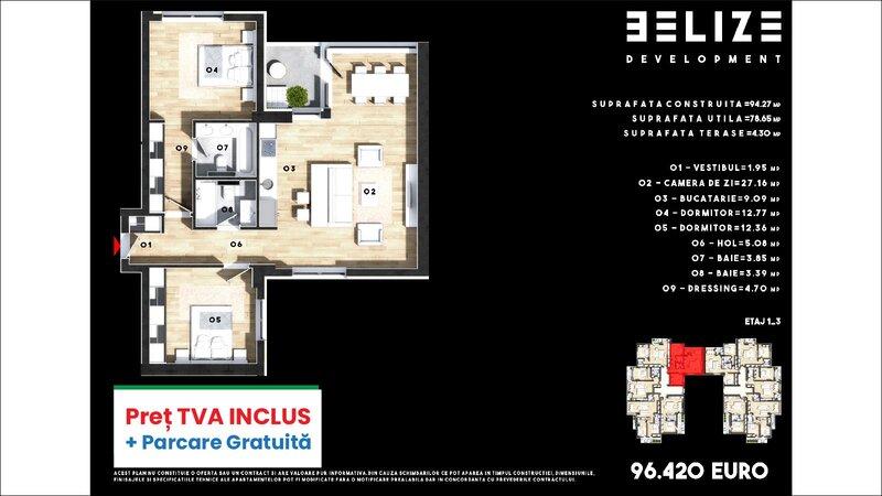 Cernica, apartament 3 camere, 78 mp, parcare gratis.